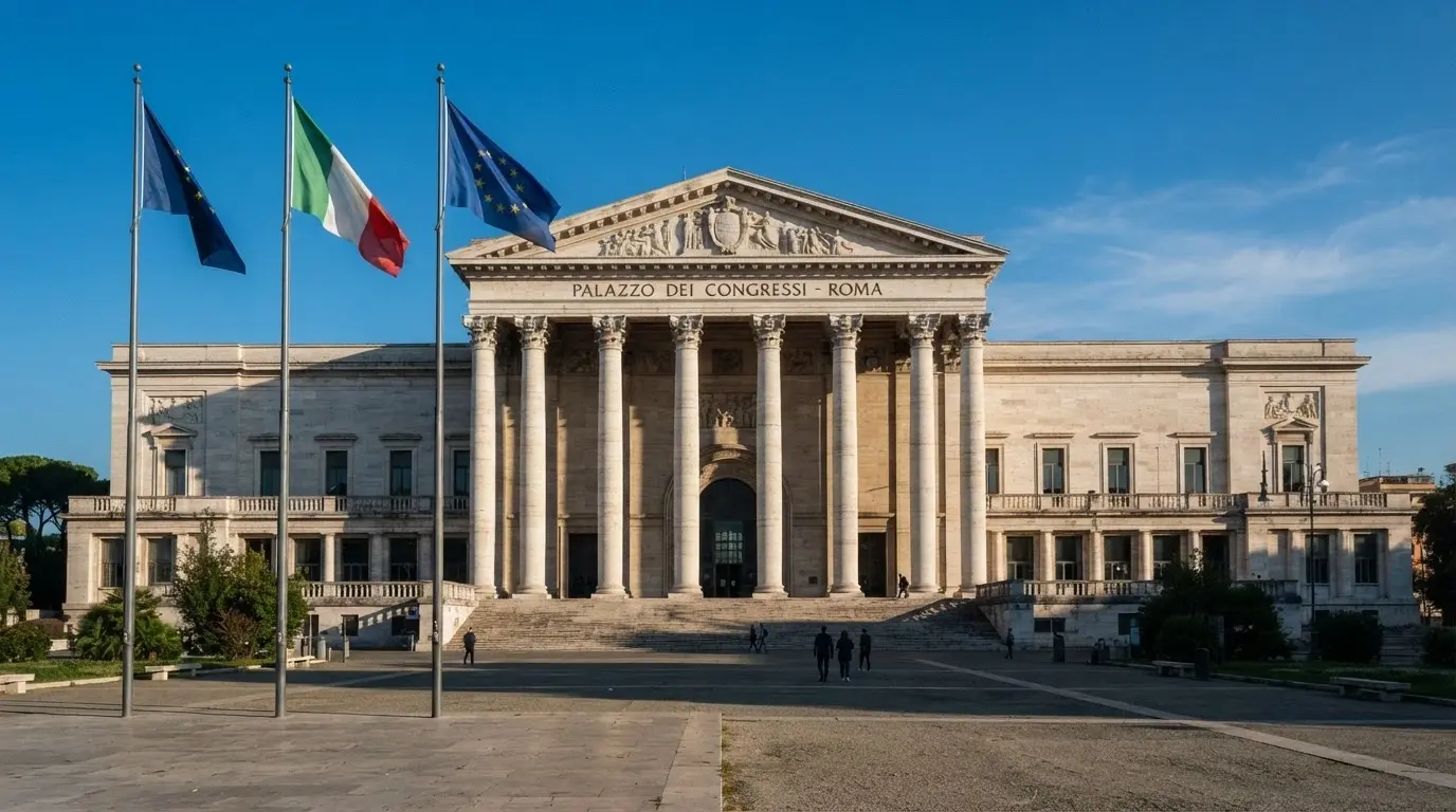 L'edificio della sede dell'Agenzia delle Dogane e dei Monopoli a Roma, con la bandiera italiana ed europea in primo piano