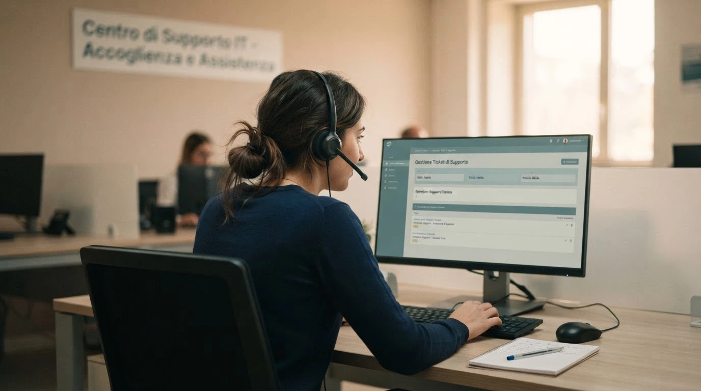 Operatore telefonico con cuffia davanti a uno schermo, in un contesto di help desk sanitario, con il numero verde in sovrimpressione