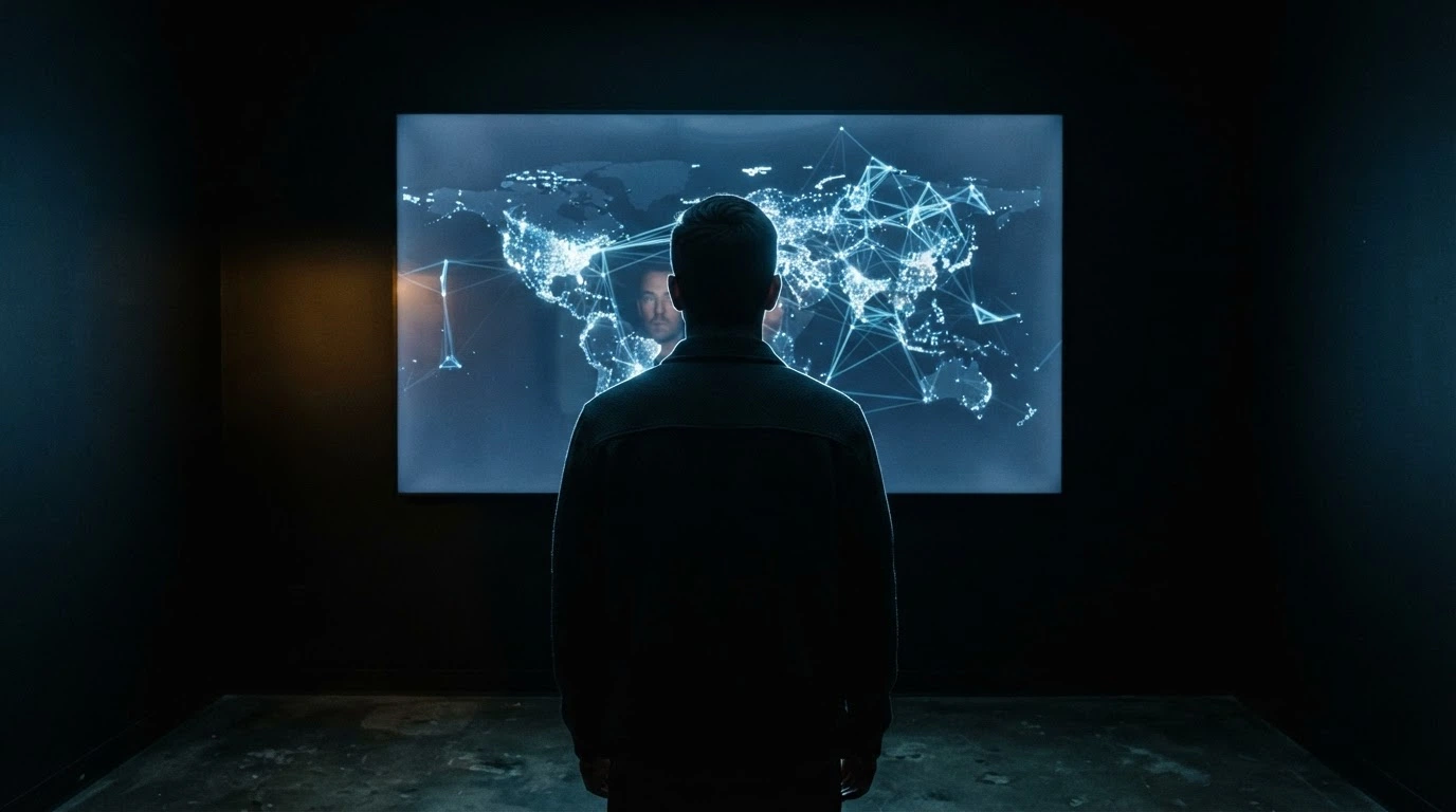 Una figura umana stilizzata di spalle davanti a uno schermo, con il riflesso dello schermo che ne rivela i lineamenti — metafora visiva della pseudonimia della blockchain