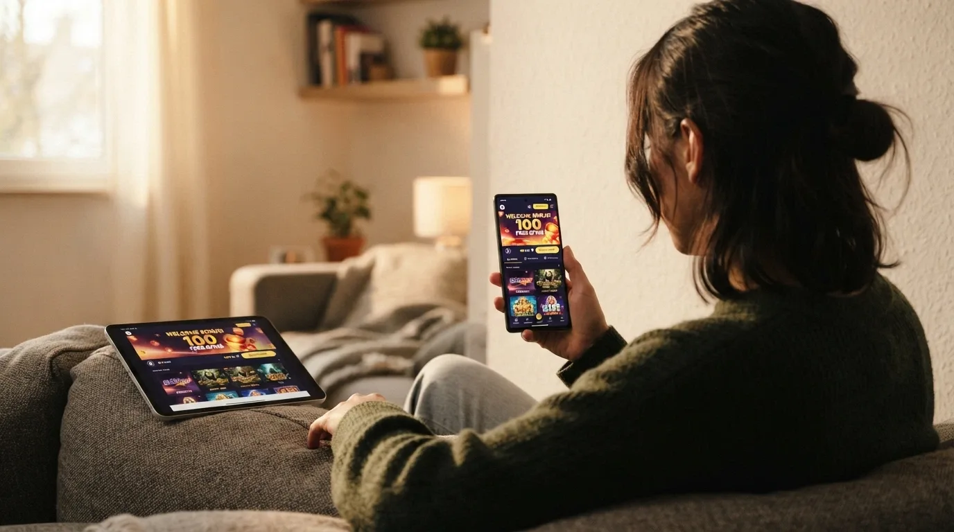 Uno smartphone che mostra la lobby di un casinò ADM con il banner dei free spin senza deposito, affiancato da un tablet con la stessa schermata