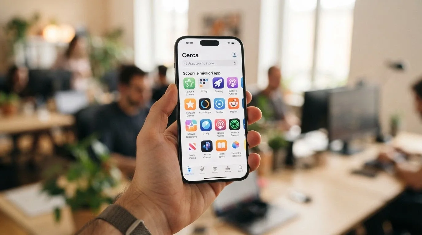 La pagina di ricerca dell'App Store italiano con risultati per «casinò ADM» visualizzati sullo schermo di un iPhone