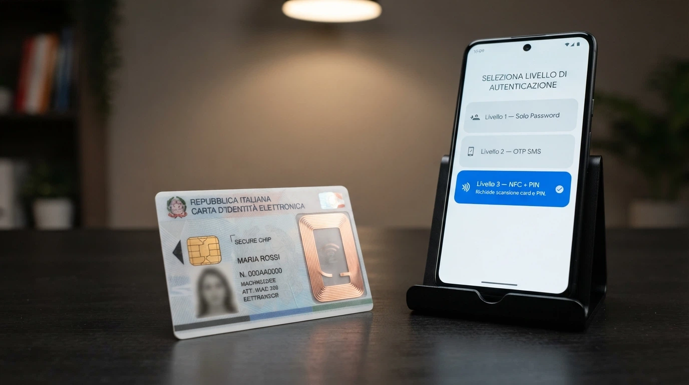 primo piano della Carta d'Identità Elettronica italiana con il simbolo NFC in evidenza, accanto a uno smartphone con l'interfaccia dell'app CieID