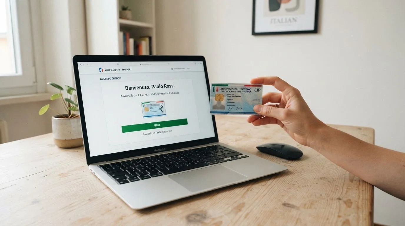 Una mano che tiene una carta d'identità elettronica (CIE) davanti allo schermo di un computer con il portale ADM aperto sulla pagina di autoesclusione