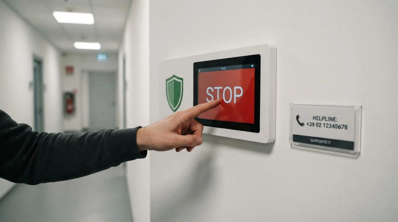 Una mano che preme un pulsante con la scritta «STOP» su uno schermo, accanto il simbolo del Telefono Verde e un'icona a forma di scudo