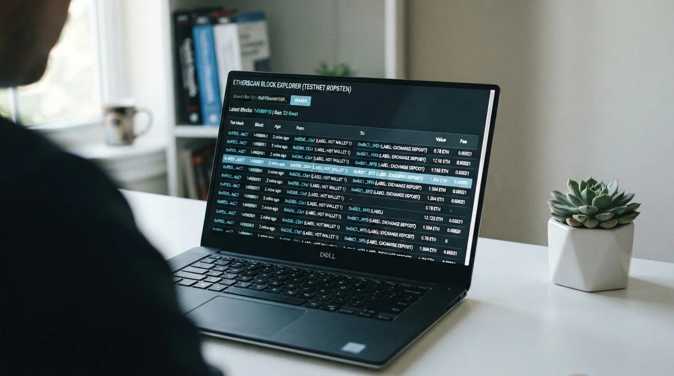 Uno schermo che visualizza un esploratore blockchain Dogecoin con una transazione evidenziata: indirizzo del mittente, destinatario, importo e numero di conferme