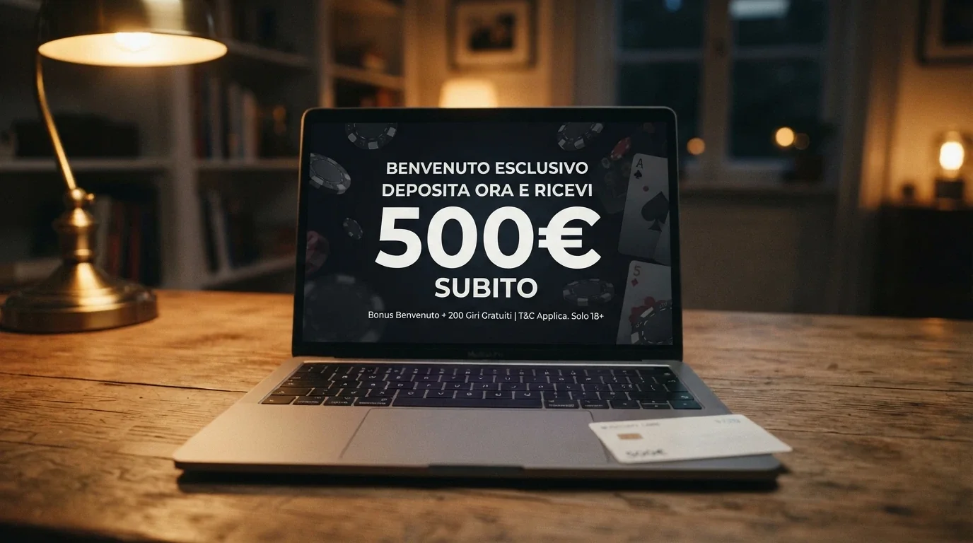 Schermata di benvenuto di un casinò online con importo del bonus in evidenza