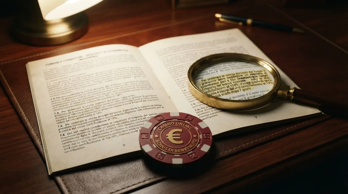 Un chip da casinò con il simbolo dell'euro accanto a un documento «Termini e condizioni» aperto e una lente di ingrandimento