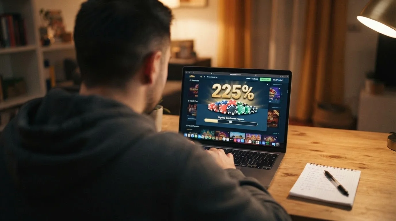 Schermata promozionale di un casinò crypto con percentuali di bonus e giri gratis evidenziati