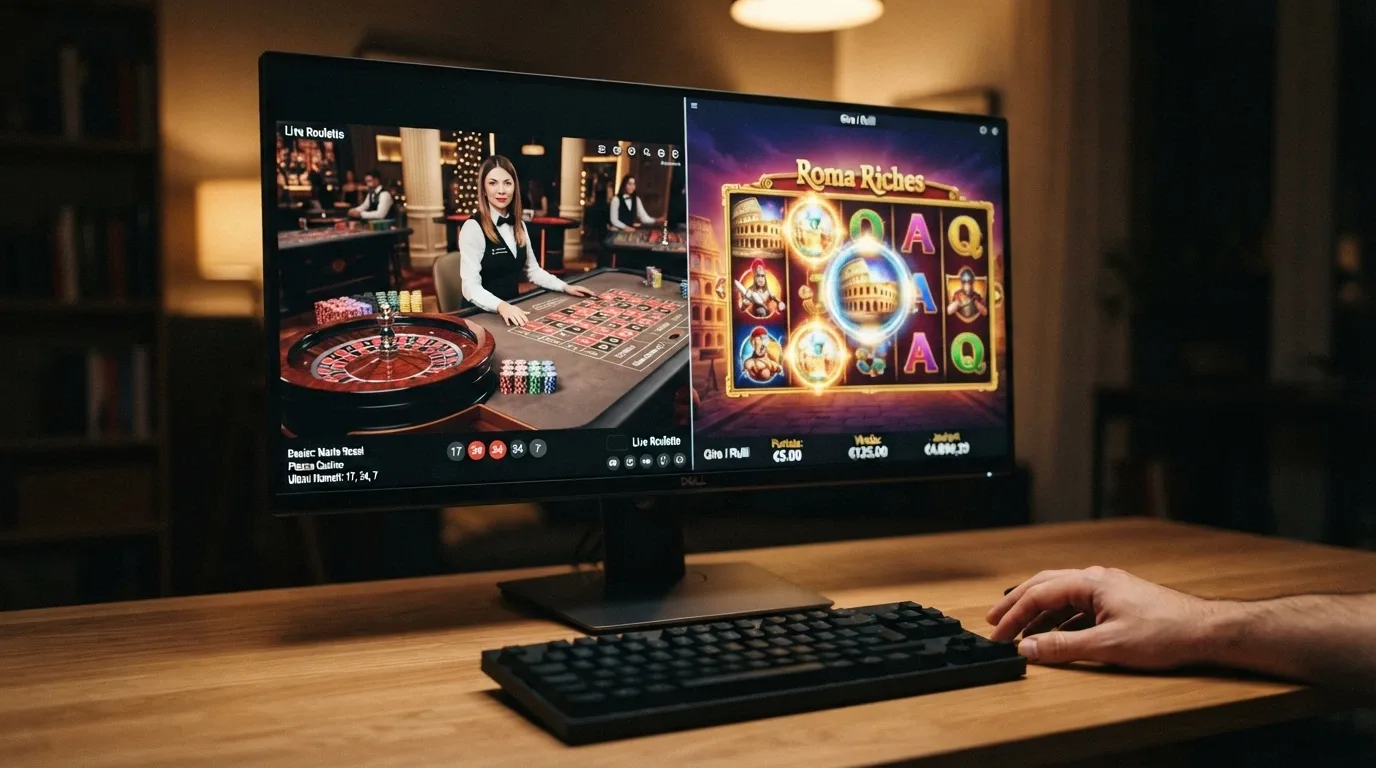 Interfaccia di casinò live con tavolo da roulette e slot machine affiancate su desktop