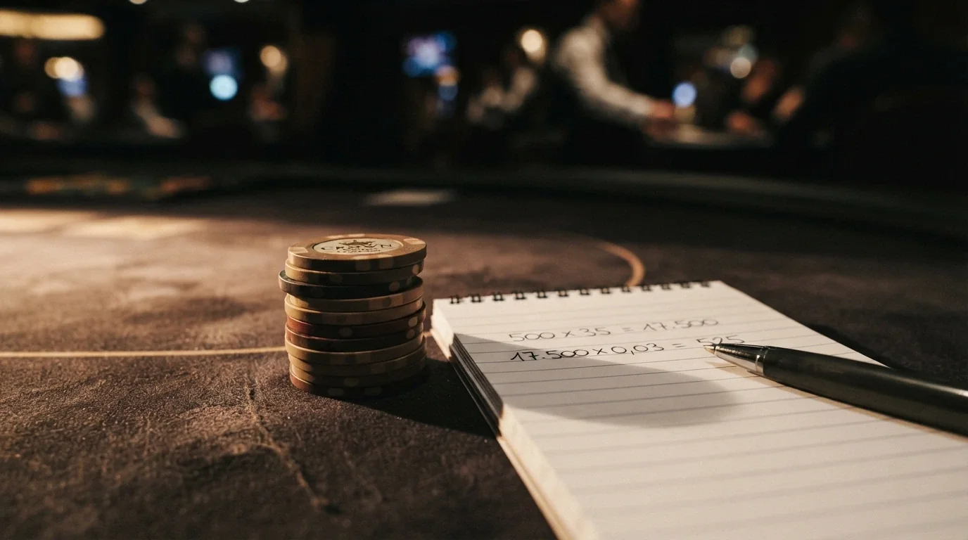 un primo piano di chip da casinò accanto a un foglio con una formula di calcolo del wagering, su sfondo scuro