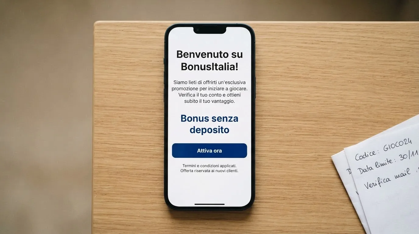 Un telefono che mostra la schermata di attivazione di un bonus senza deposito in un casinò ADM, con i termini e le condizioni in evidenza