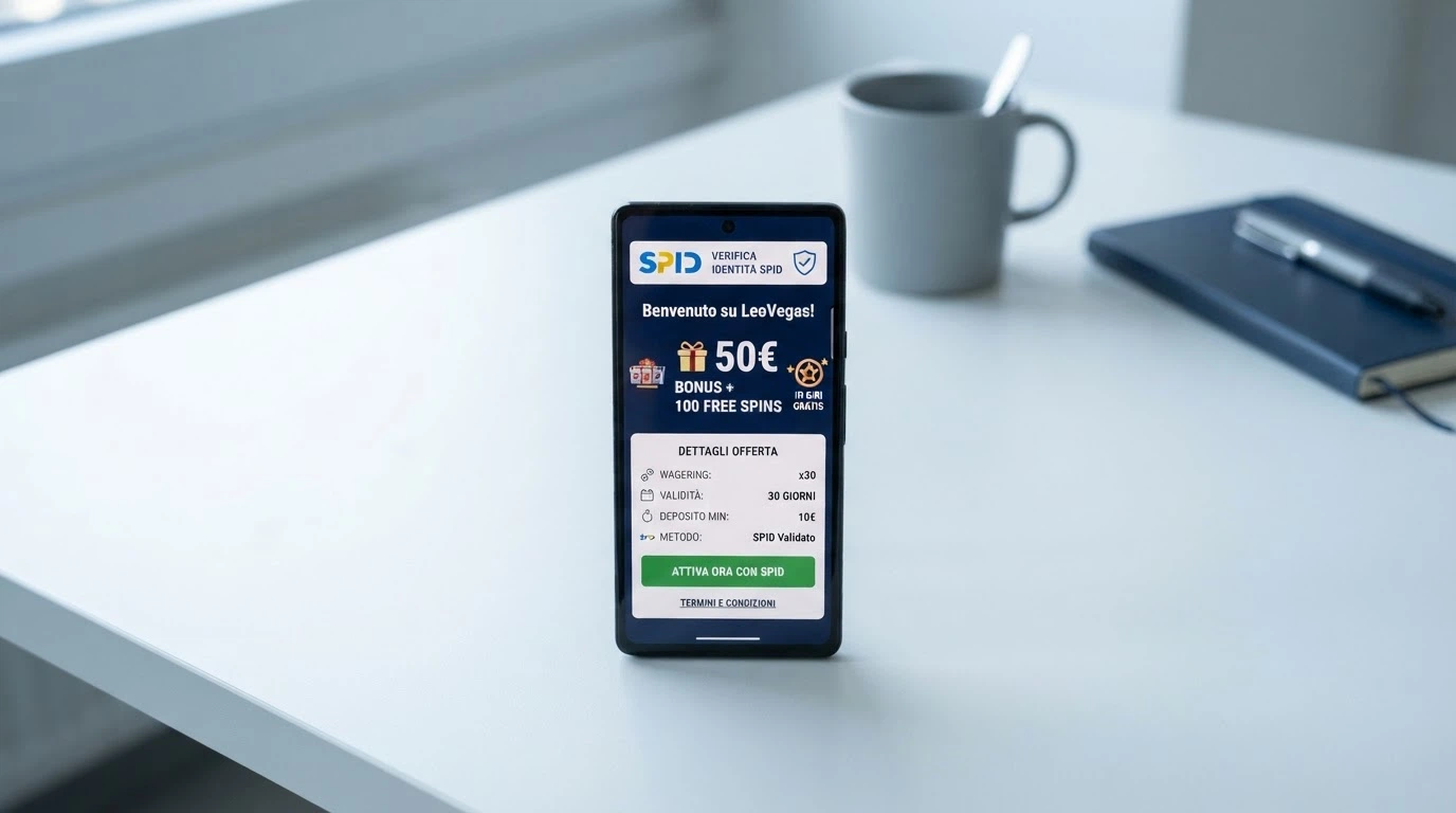 Schermata di attivazione bonus senza deposito tramite SPID in un casinò ADM, con il riepilogo delle condizioni di wagering