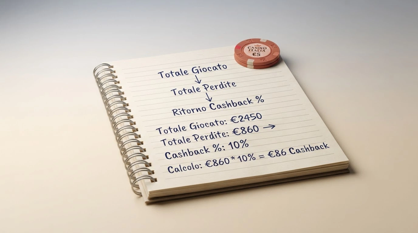 Schema visivo del calcolo del cashback: giocate, vincite, perdita netta e percentuale di rimborso