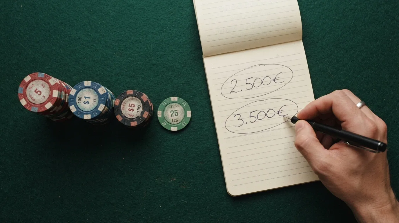 Una pila di fiches che si assottiglia progressivamente, con una calcolatrice accanto e numeri che mostrano il turnover richiesto (2.500€, 3.500€)