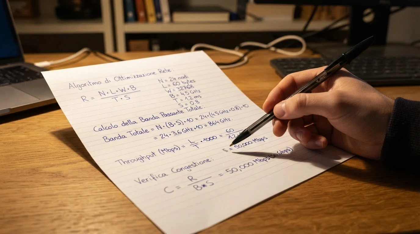 Un foglio di carta con una formula scritta a mano: importo del bonus × requisito di scommessa = turnover richiesto, accanto a una calcolatrice e una penna