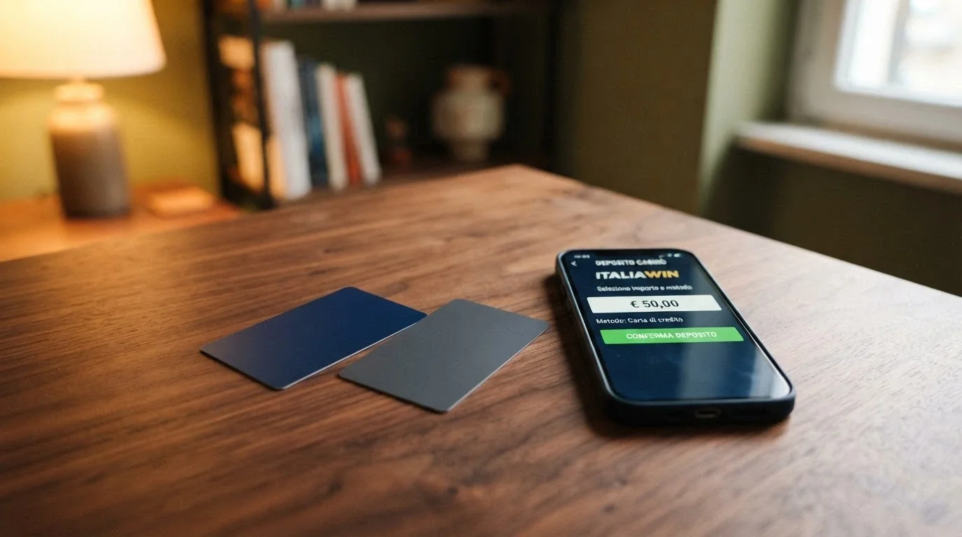 Due carte bancarie Visa e Mastercard appoggiate accanto a uno smartphone che mostra la schermata di deposito di un casinò online