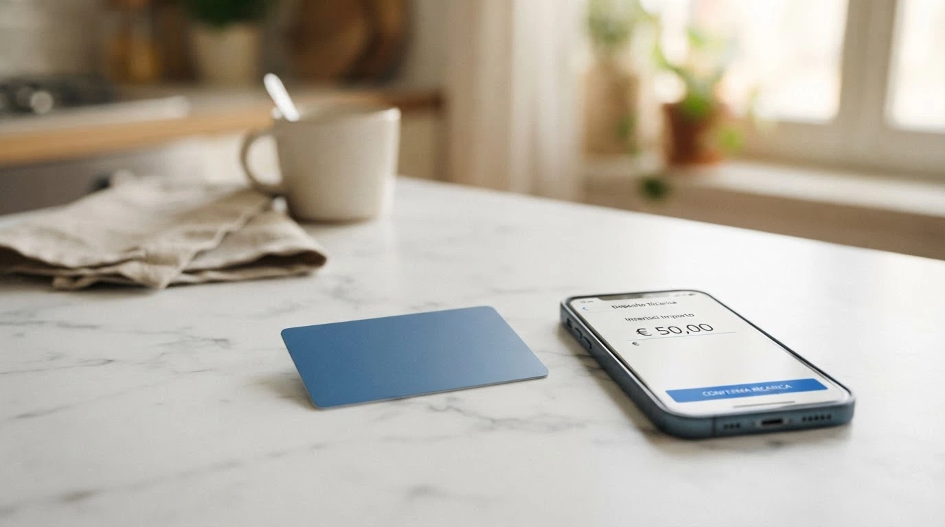 Primo piano di una carta PostePay Evolution con logo Visa e schermata di deposito su casinò