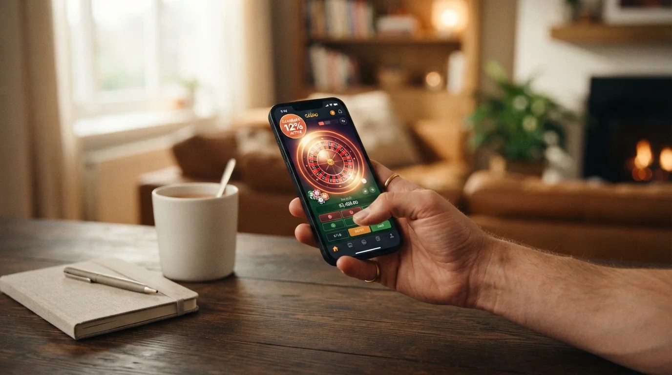 Smartphone con l'interfaccia mobile di un casinò ADM e notifica di accredito cashback