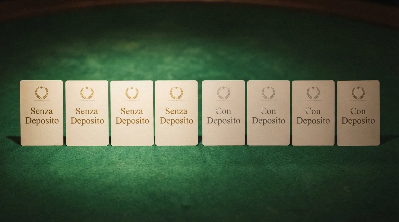 Una fila di 10 tessere da casinò in stile italiano, cinque illuminate (con la scritta «senza deposito») e cinque in ombra (con la scritta «con deposito»), disposte su un tavolo da gioco verde