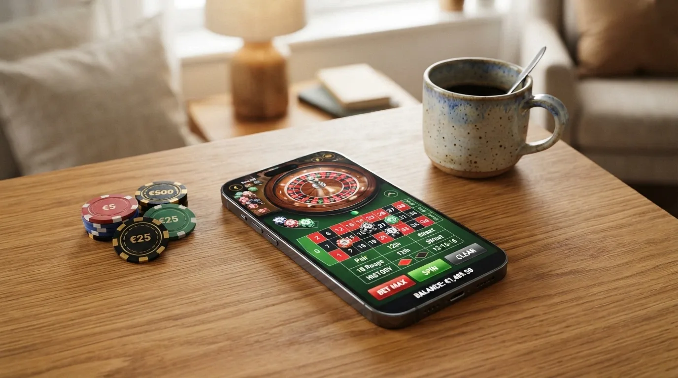 Uno smartphone che mostra l'interfaccia di un tavolo live con le puntate attive e il video del croupier in streaming