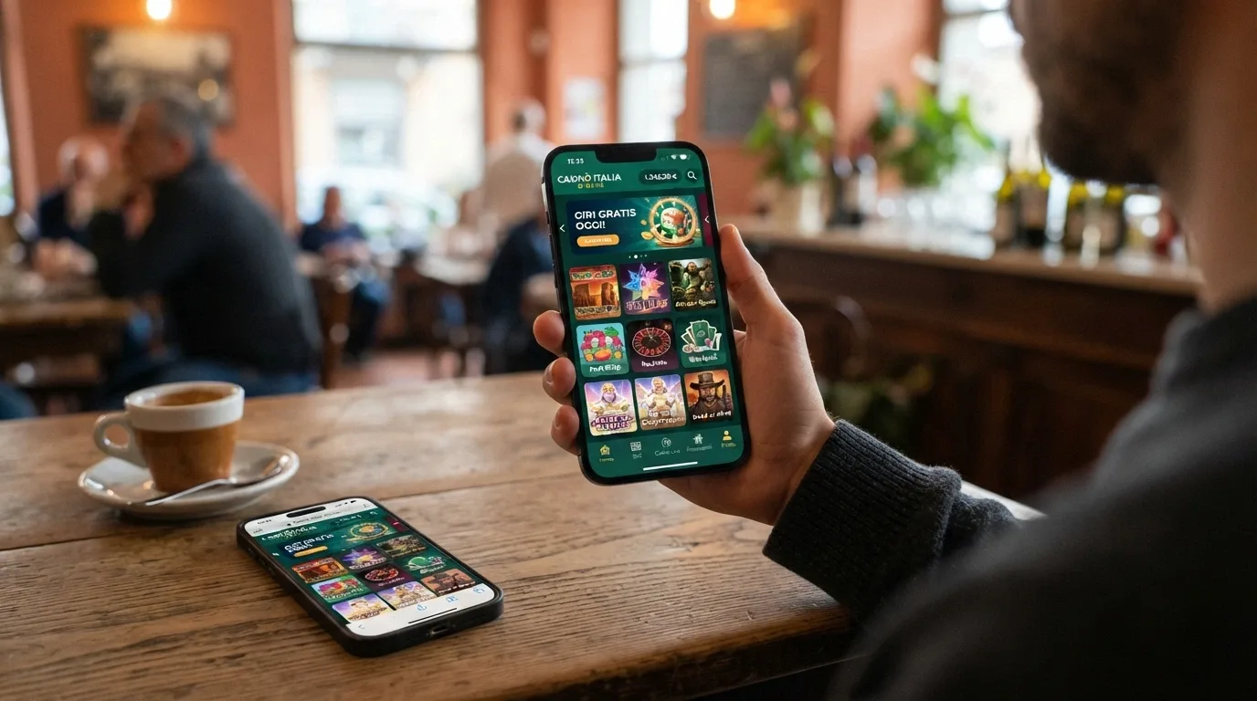 Uno smartphone in mano a un giocatore con l'interfaccia di un'app casinò aperta sulla lobby delle slot, accanto allo stesso telefono con il sito mobile del casinò nel browser