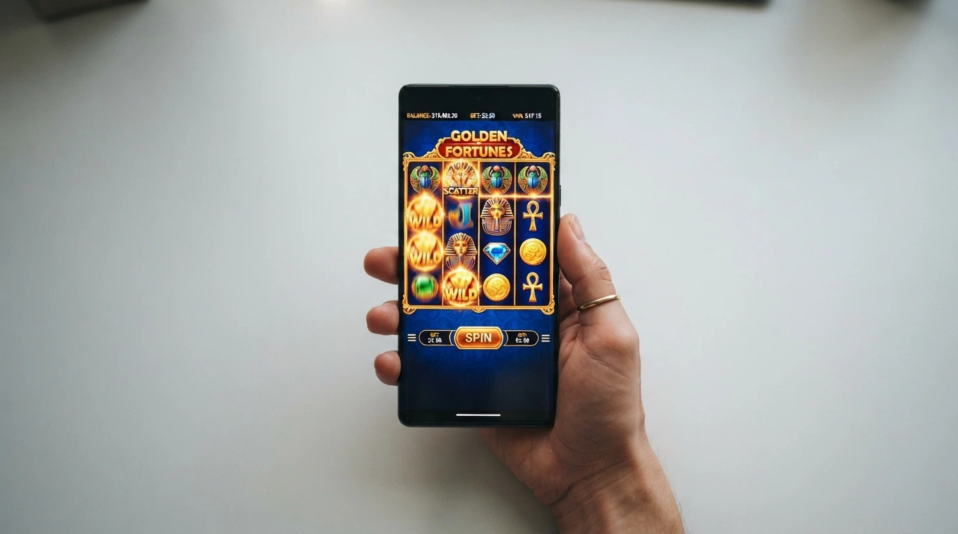 Una mano che tiene uno smartphone in verticale con l'interfaccia di un casino online e una slot attiva sullo schermo