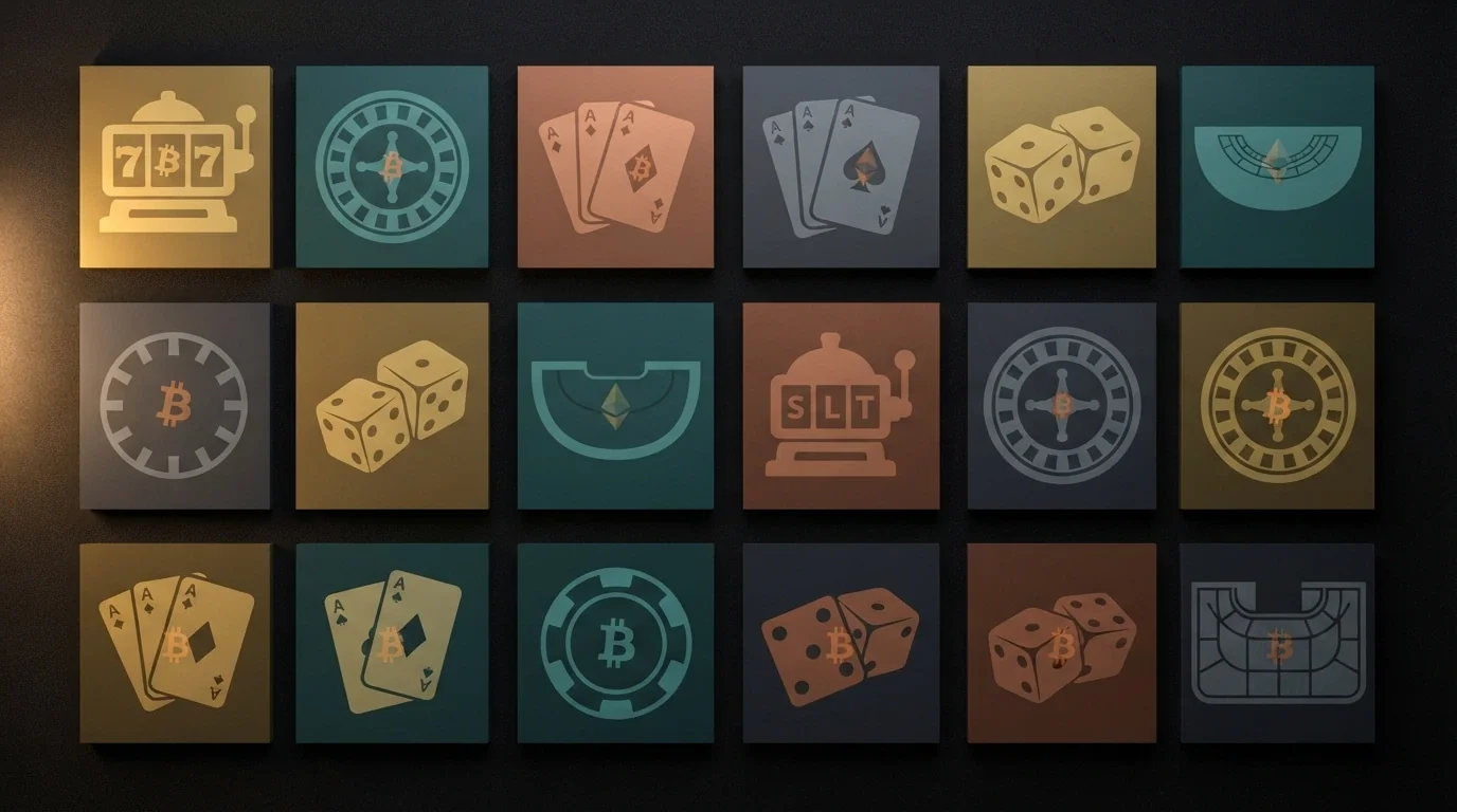 Una griglia di icone di giochi da casinò (slot machine, roulette, blackjack, carte da poker) con il simbolo del Bitcoin come filigrana su ciascuna, illuminate in modo disomogeneo per suggerire l'assenza di uno standard uniforme
