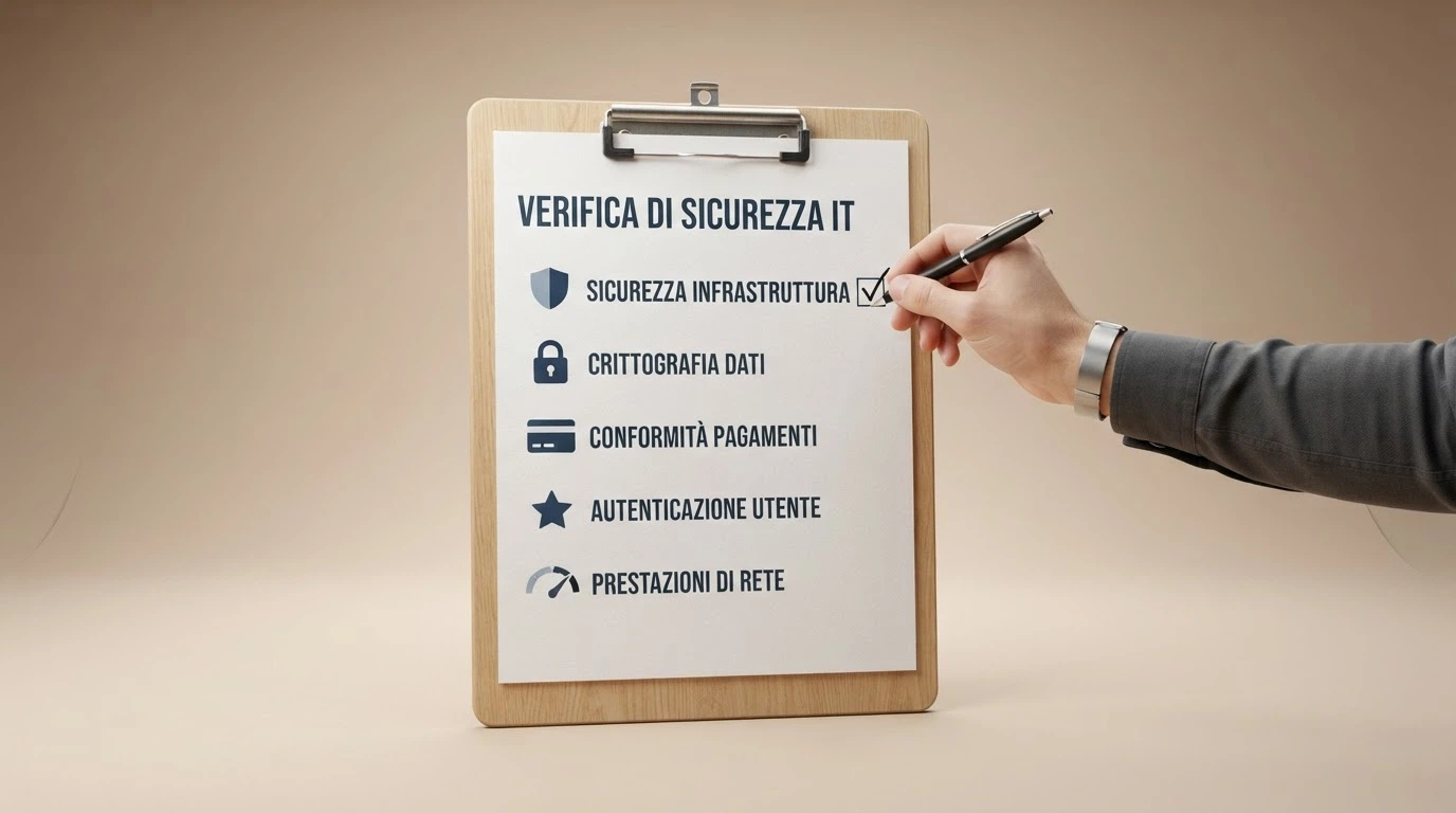 Lista di controllo con icone: licenza, lucchetto SSL, metodi di pagamento, recensioni, limiti