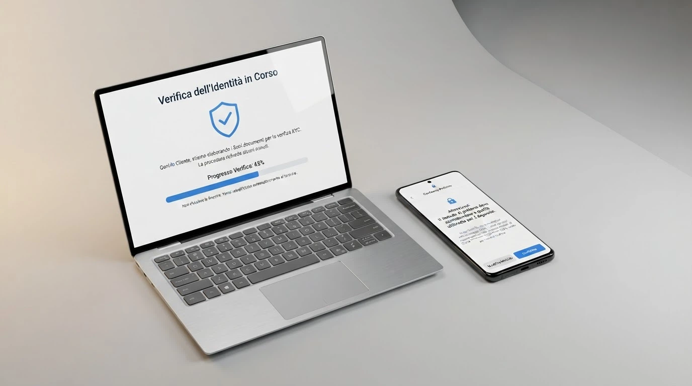 Un documento di identità accanto alla schermata di verifica KYC di un casinò italiano, con il messaggio che richiede il prelievo sullo stesso metodo usato per il deposito