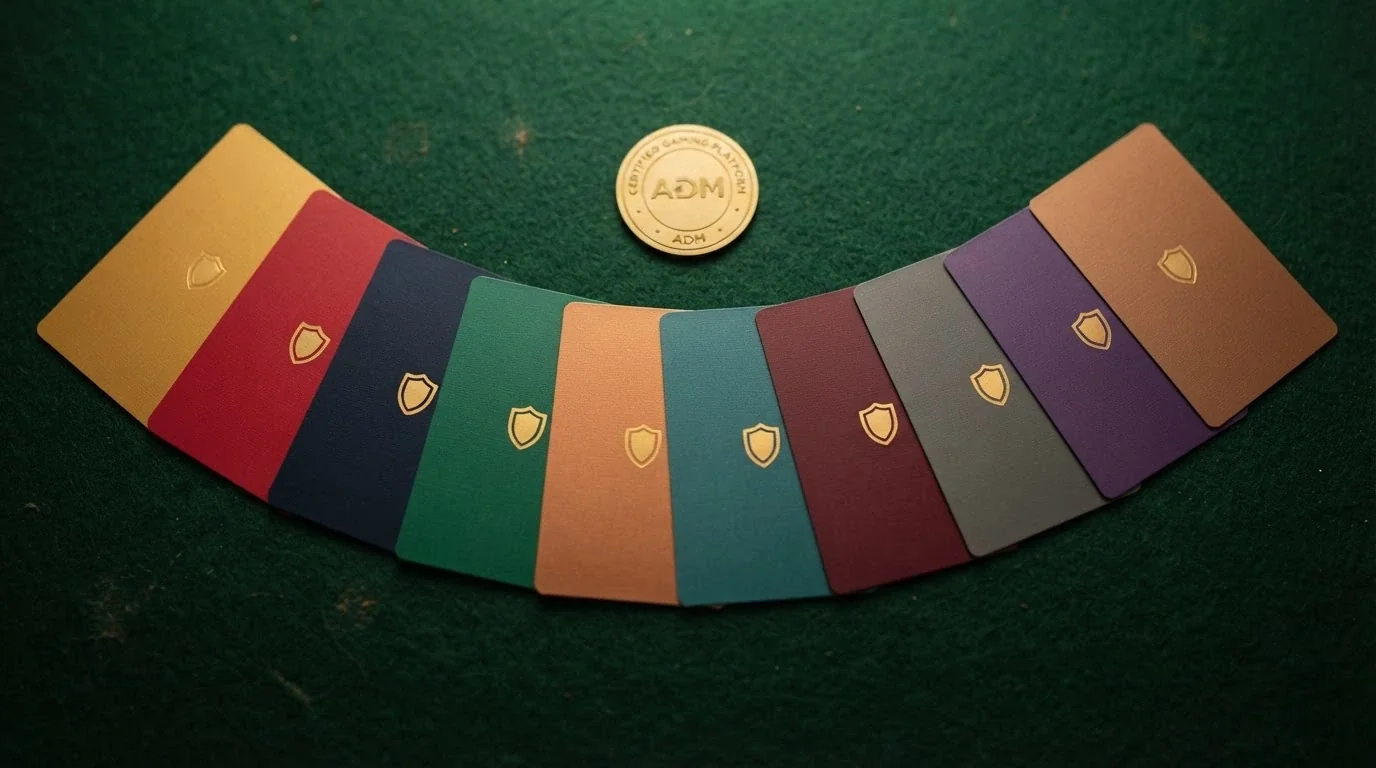 Dieci carte da gioco disposte a ventaglio, ciascuna con il logo stilizzato di un casinò e un simbolo del bollo ADM