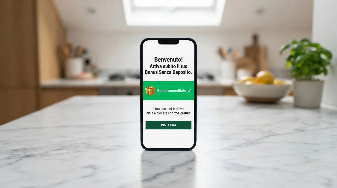 Uno schermo di smartphone che mostra la schermata di registrazione a un casinò con l'indicazione «bonus accreditato» e un simbolo di regalo