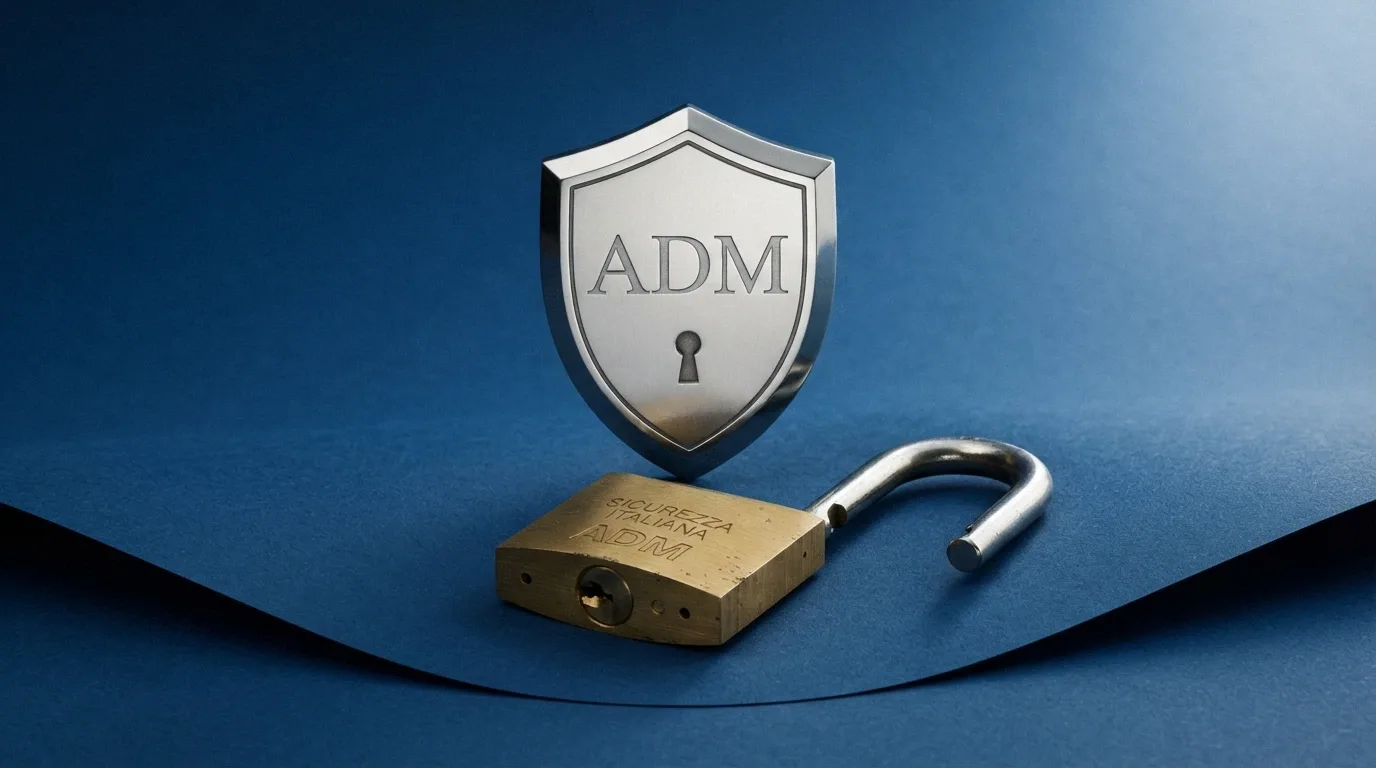 Un sigillo ufficiale con la dicitura «ADM — Agenzia delle Dogane e dei Monopoli» e un lucchetto aperto, su sfondo blu istituzionale