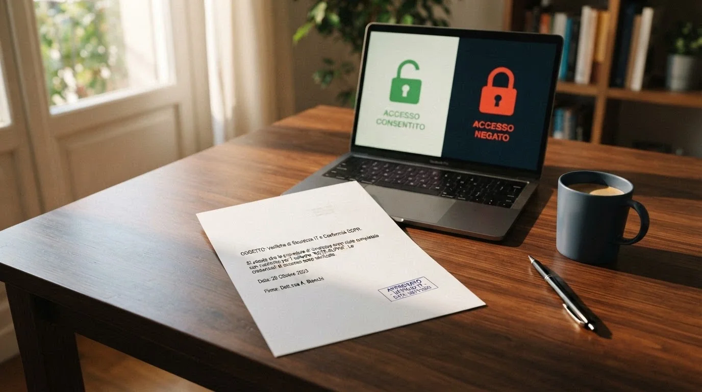 Un documento ufficiale timbrato con il logo ADM accanto a uno schermo di computer con un lucchetto aperto e uno chiuso