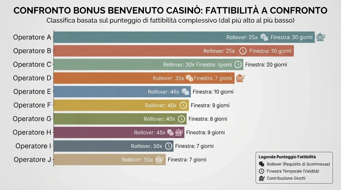 Tabella comparativa dei bonus di benvenuto con licenza ADM affiancati per importo, giri gratuiti e rollover