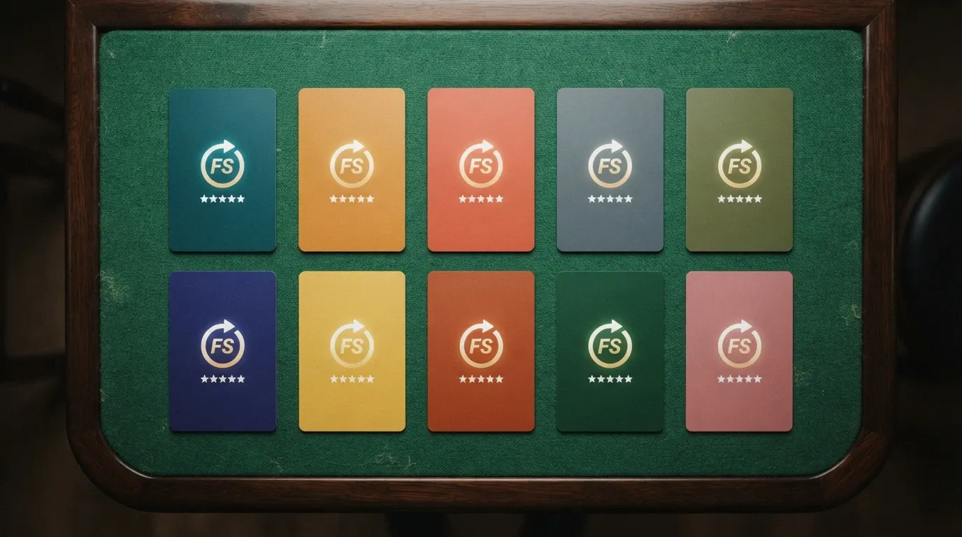 Dieci carte operatore affiancate su un tavolo da gioco, con il simbolo dei free spin e le stellette di valutazione in evidenza