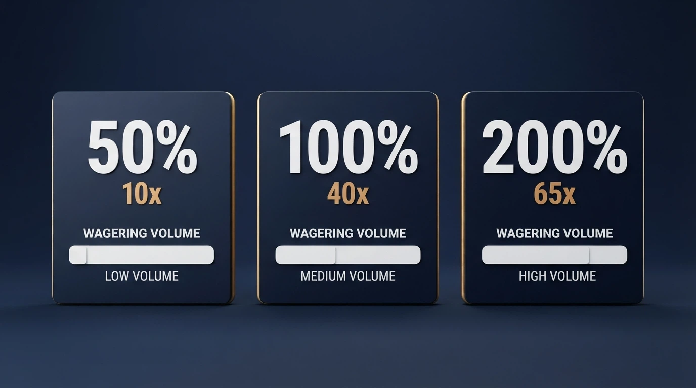 Una schermata comparativa con diversi bonus di benvenuto affiancati, evidenziando percentuali di match, requisiti di puntata e validità