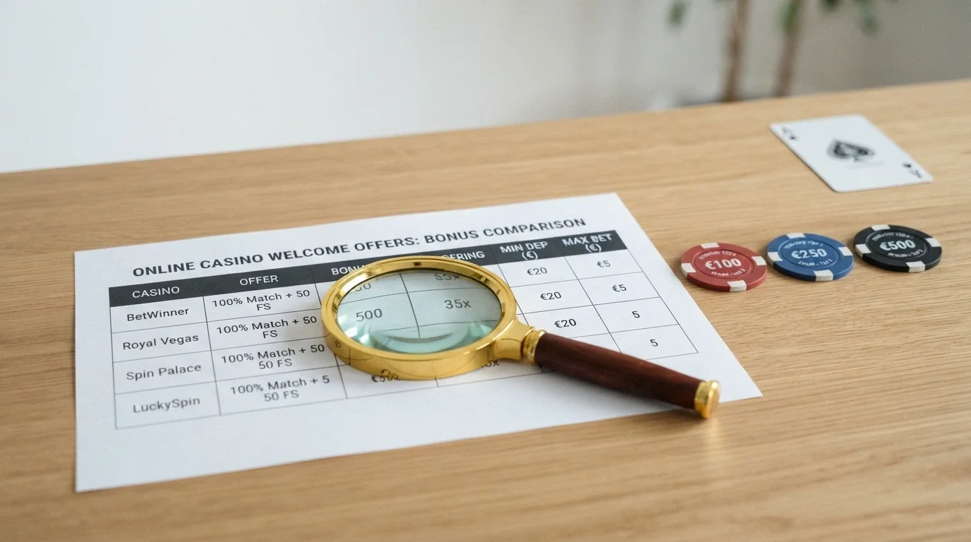 Una serie di loghi di casinò online allineati con una lente di ingrandimento sopra, su sfondo bianco pulito