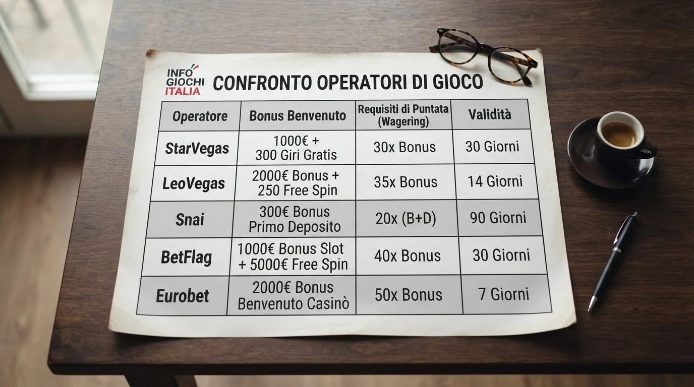 Una tabella comparativa stilizzata con le colonne operatore, importo bonus, requisito di puntata e validità, che mette a confronto le offerte senza deposito dei casinò ADM con SPID