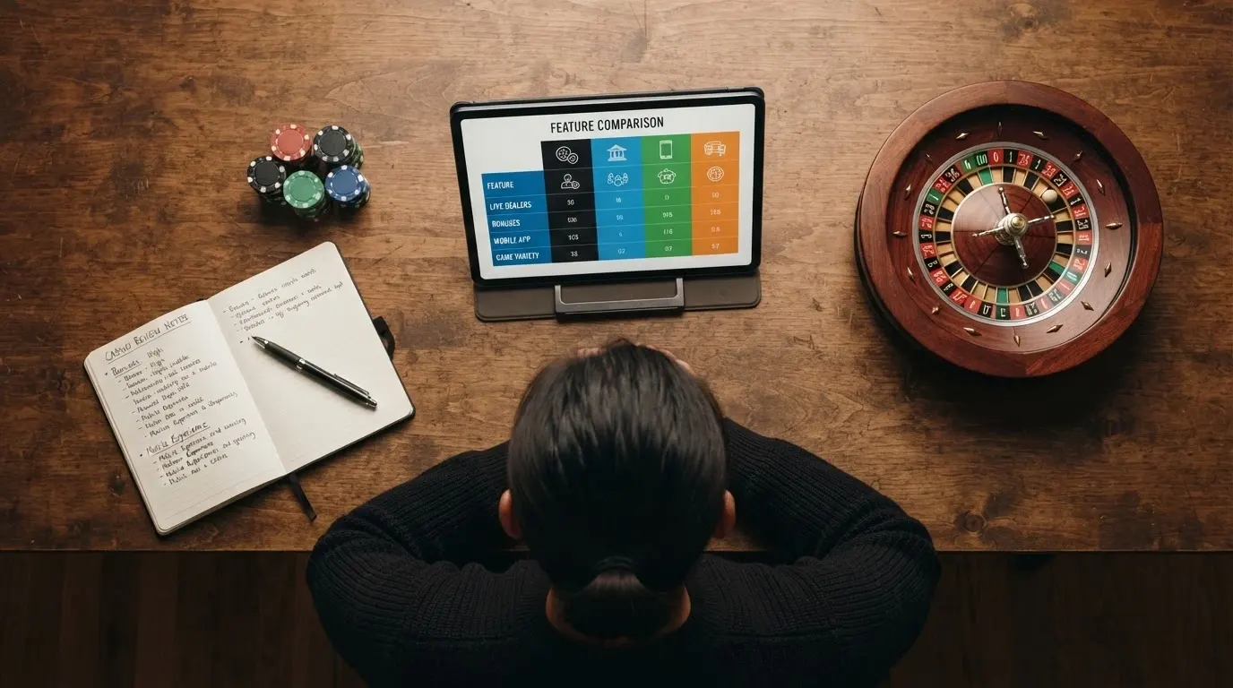 Una griglia comparativa stilizzata con le icone dei casinò ADM allineate accanto a simboli di roulette, provider e bonus
