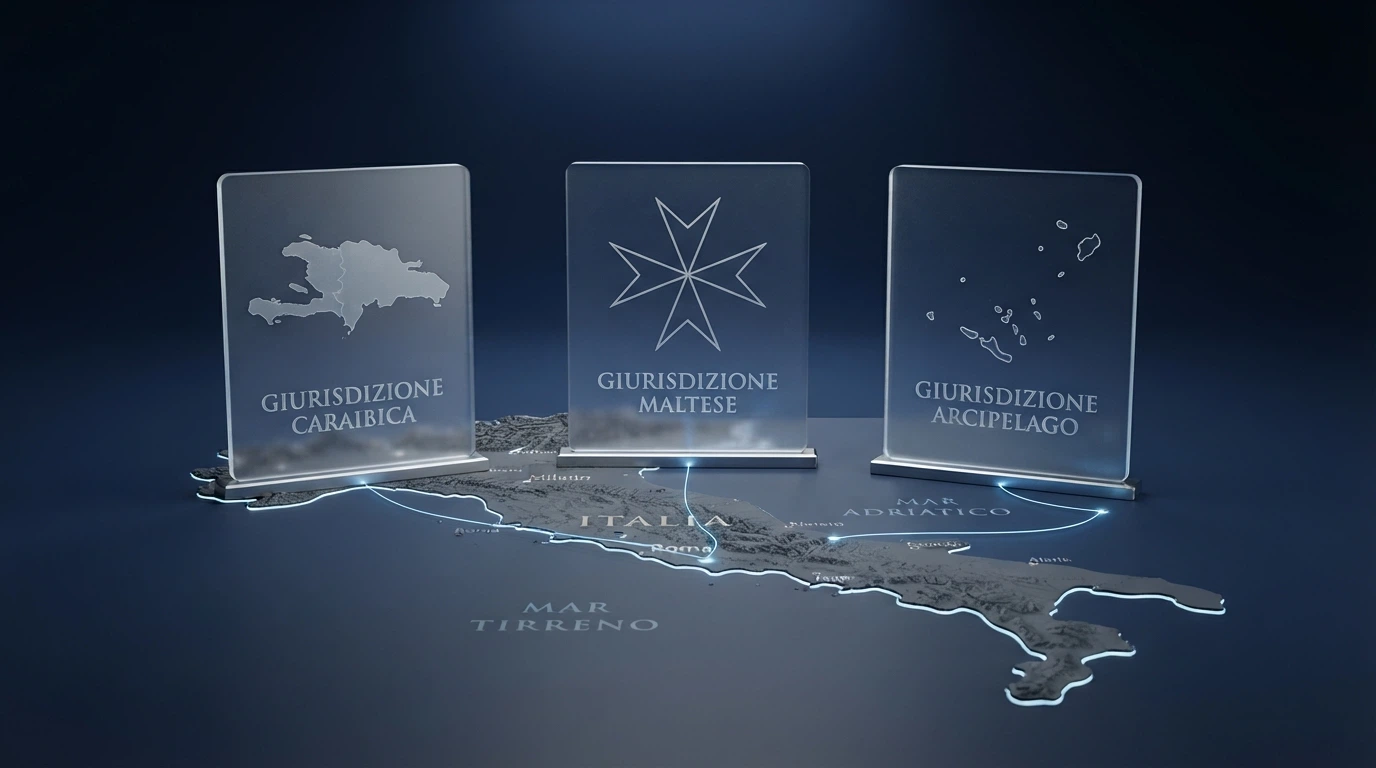 Mappa concettuale che mostra le tre giurisdizioni di licenza (Curaçao, MGA, Anjouan) e il loro rapporto con il perimetro ADM italiano
