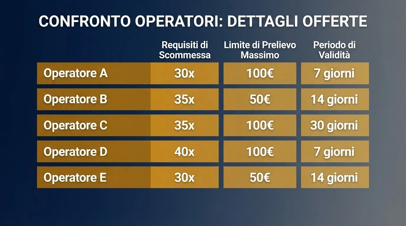 Una tabella comparativa con i loghi dei casinò ADM e le rispettive condizioni dei 70 giri gratis