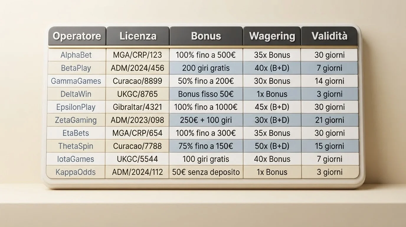 Una tabella comparativa stilizzata con le colonne operatore, licenza, bonus senza deposito, wagering e validità, con le righe in ordine di rilevanza