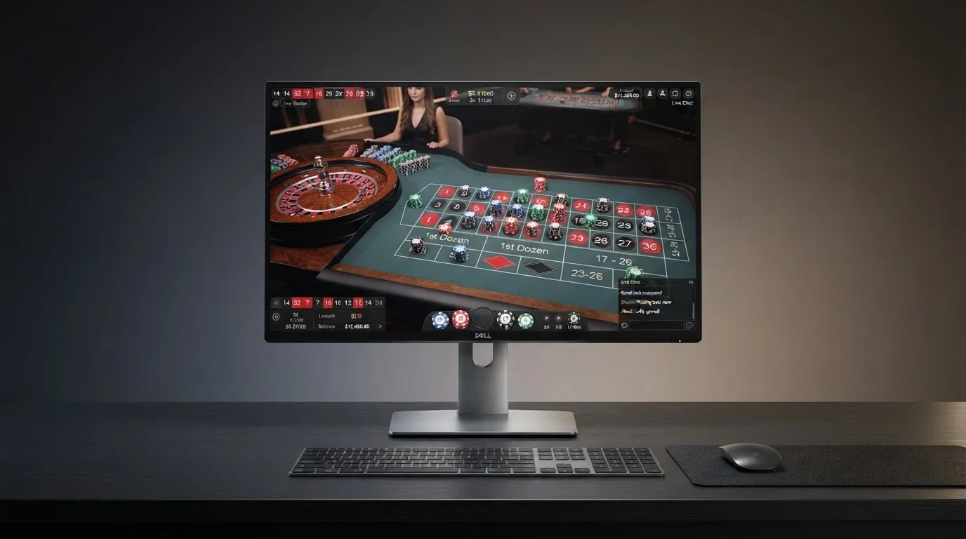 l'interfaccia di un tavolo live dealer su desktop con la chat laterale attiva e le puntate piazzate sul tavolo virtuale