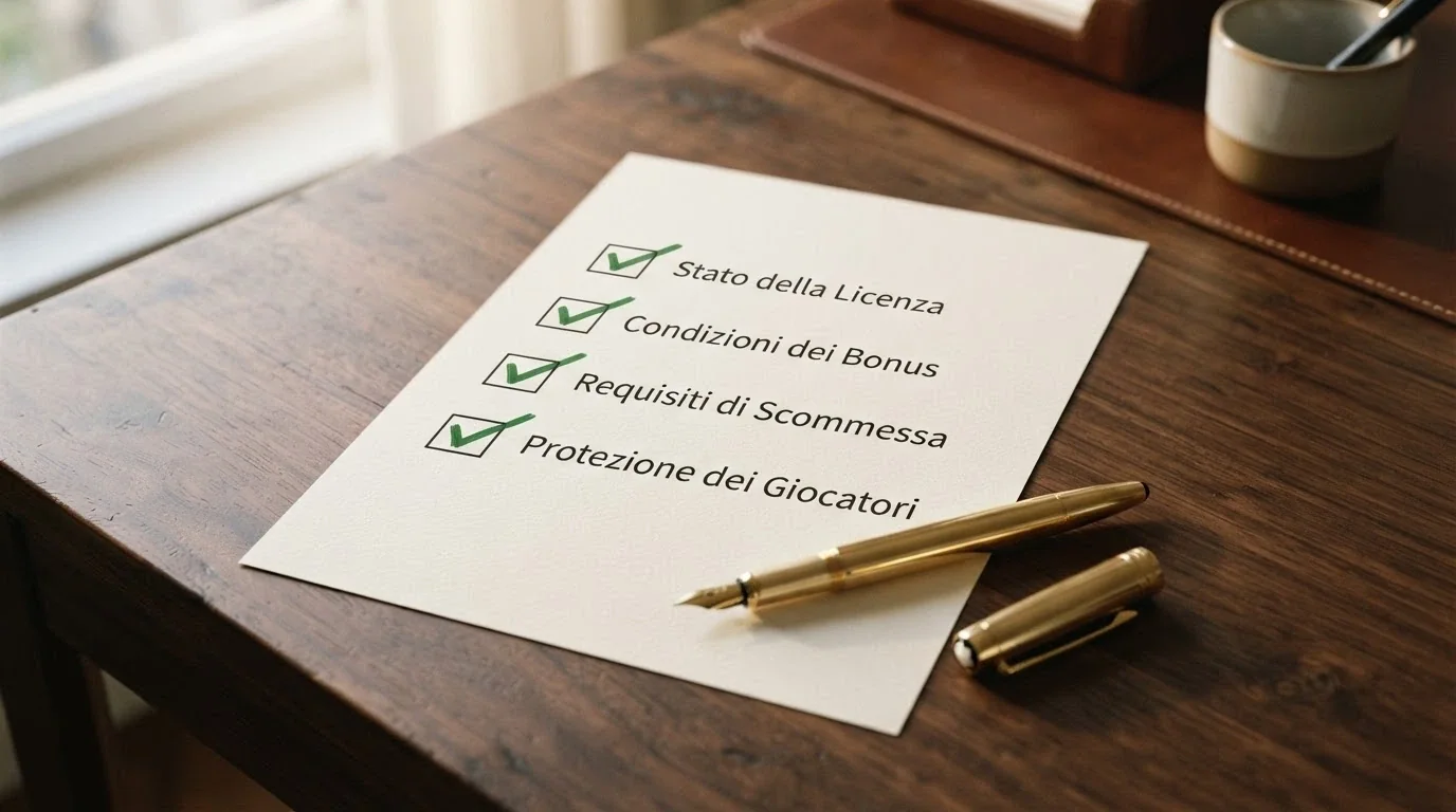 Checklist visiva con i criteri di valutazione: licenza ADM, bonus senza deposito, wagering, verifica differita, tutele