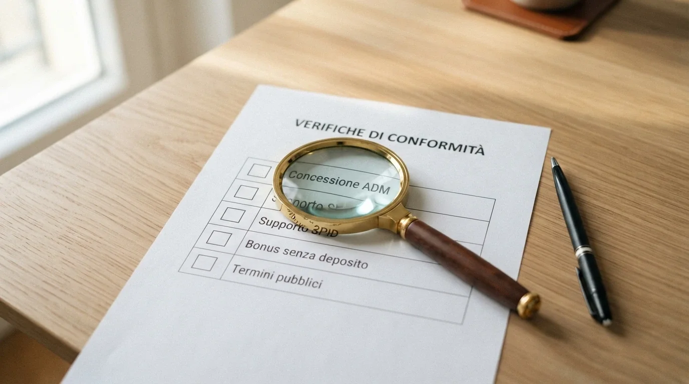 Una lente di ingrandimento su una lista di criteri — concessione ADM, supporto SPID, bonus senza deposito, termini pubblici — con accanto i loghi dei casinò analizzati
