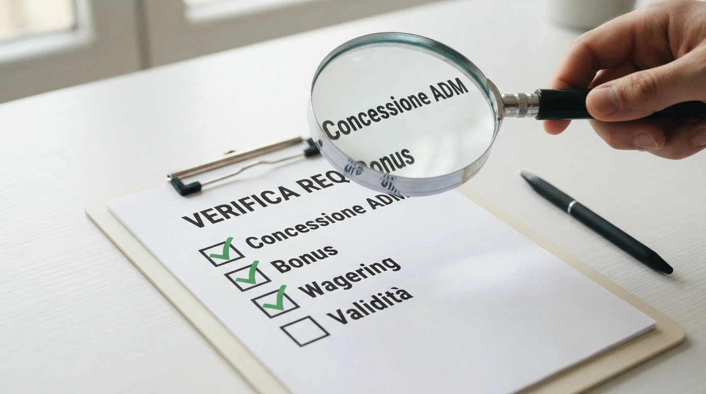 Una lente di ingrandimento sopra una lista di controllo con voci come «Concessione ADM», «Bonus», «Wagering», «Validità» e relativi segni di spunta