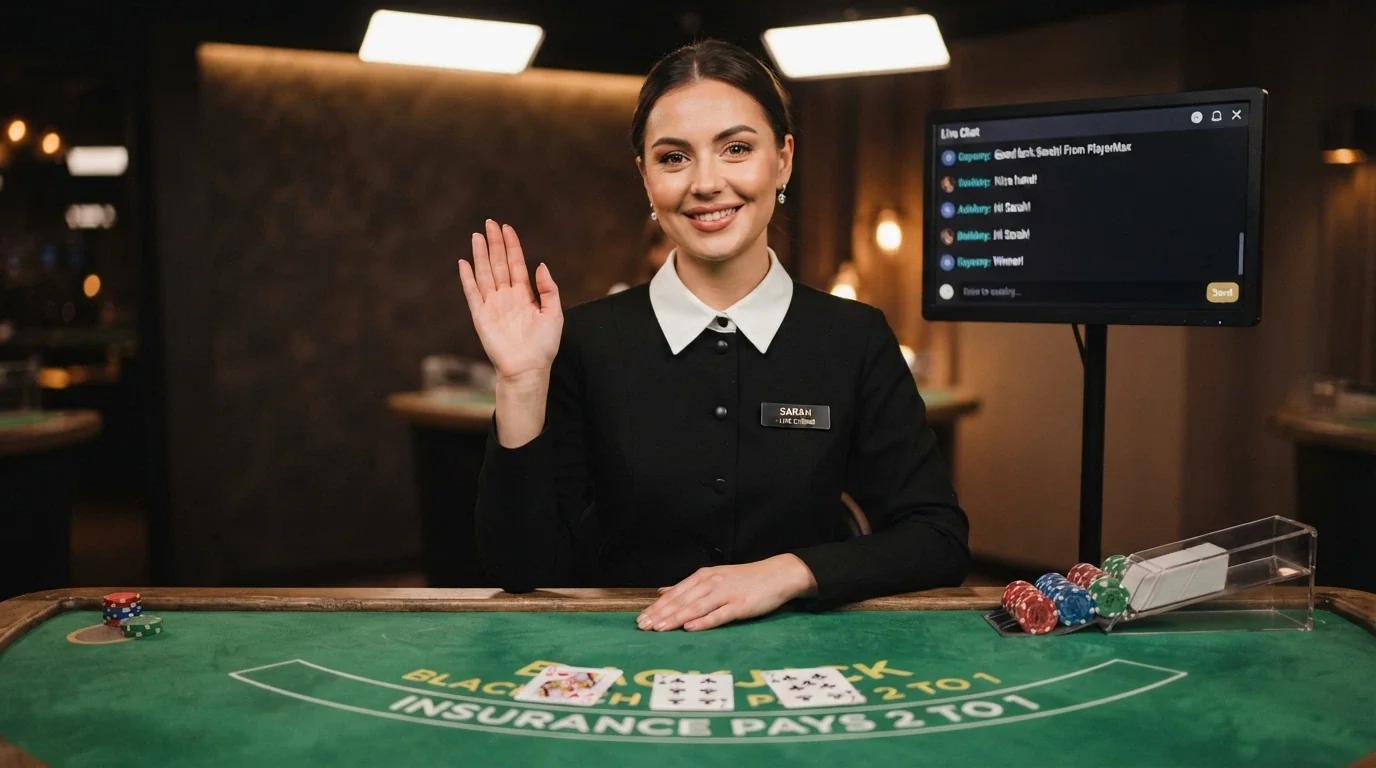 Un croupier sorridente in divisa che saluta verso la telecamera, con il tavolo da gioco inquadrato e la chat dei giocatori visibile su uno schermo