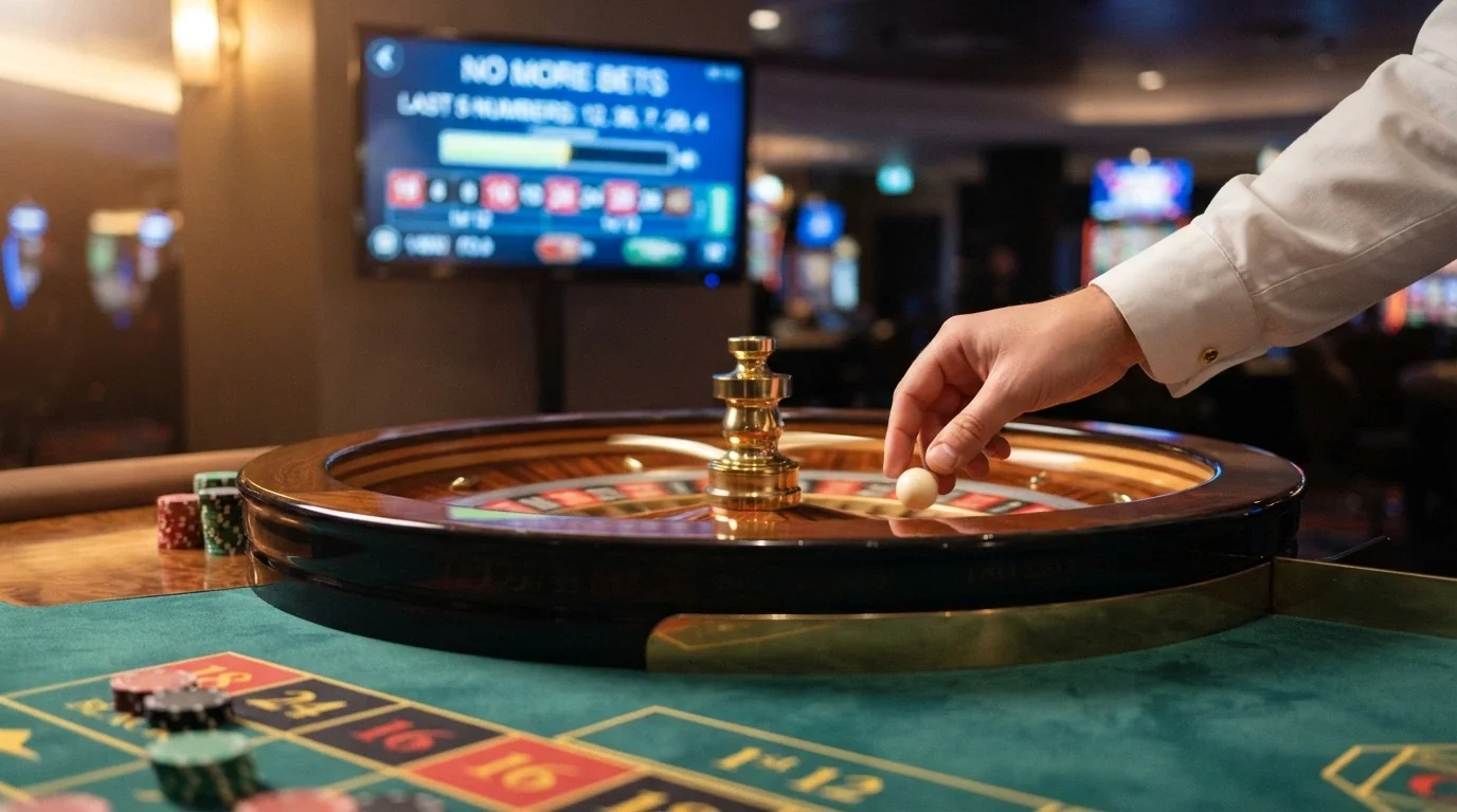 Primo piano di un croupier in divisa che fa girare la pallina su una ruota della roulette, con interfaccia di gioco digitale visibile in sovrimpressione