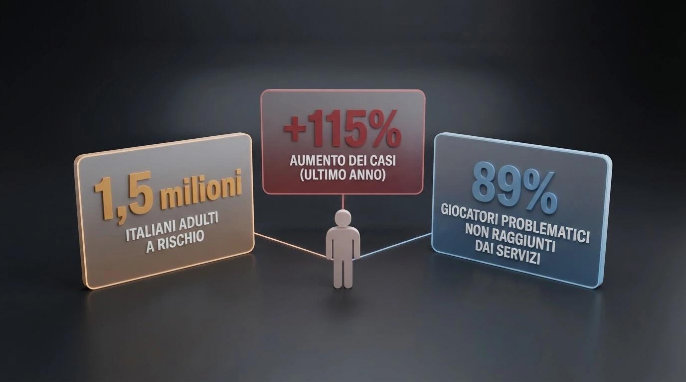 Un'infografica essenziale con i numeri chiave: 1,5 milioni di giocatori problematici, +115% utenti Fict dal 2020, 89% minori nei contatti prevenzione