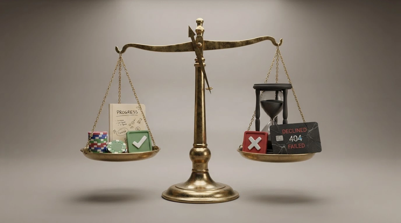 Una bilancia visiva: sul piatto sinistro le condizioni favorevoli (wagering basso, validità lunga), sul destro quelle sfavorevoli (wagering alto, scadenza stretta, metodi esclusi), con il piatto sinistro che pesa di più